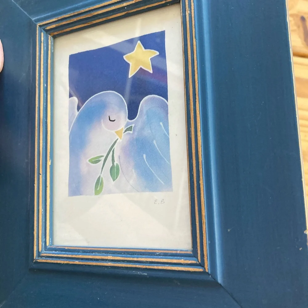Beautiful Peace Dove Framed Card 10x8” Blue Wood Frame